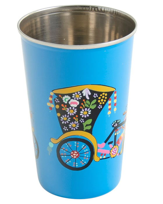 Blue tumbler with a colorful rickshaw design on a white background