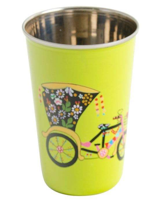 Green cup with a colorful rickshaw design on a white background