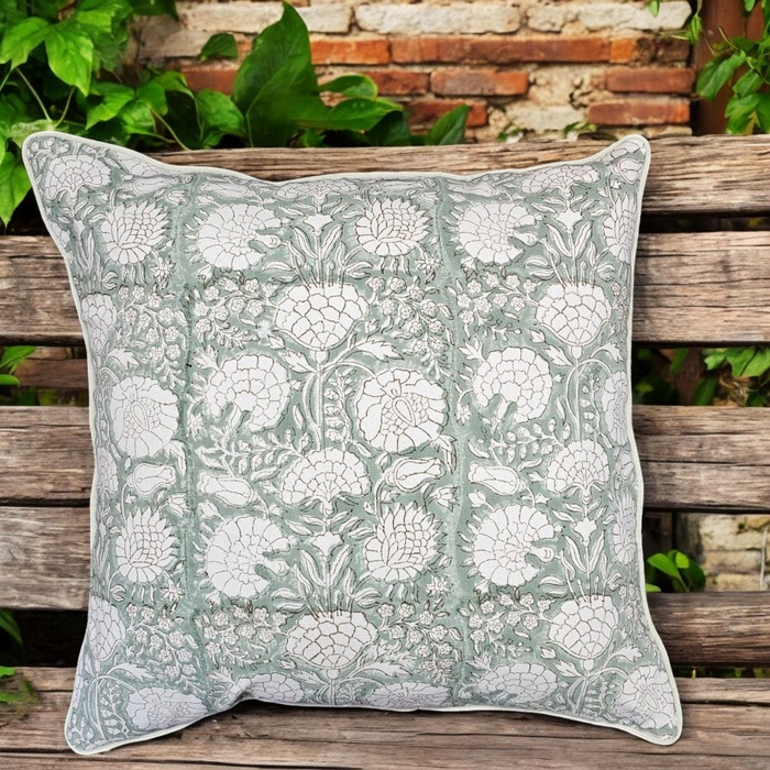 Block Print Cushion Cover - Iguana Green Floral Design