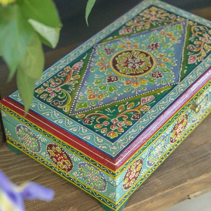 Turquoise and Floral Hand Painted Jewellery Box