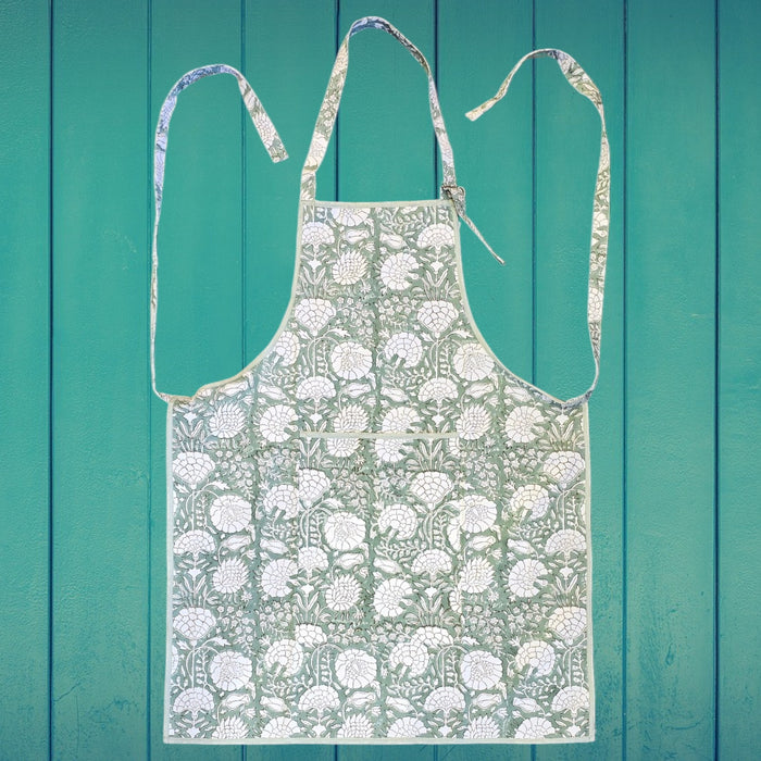 Cotton Apron - Iguana Green Floral Design