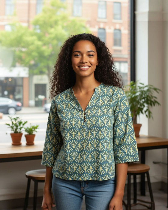 Dabu Print Cotton Top - Teal Fan