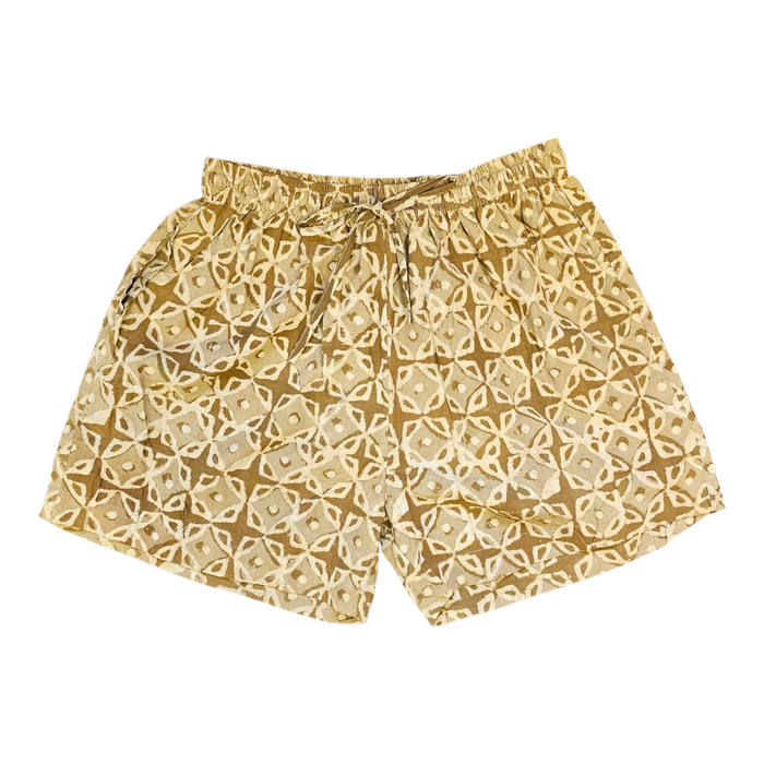 Dabu Print Cotton Boxer Shorts Café Linen
