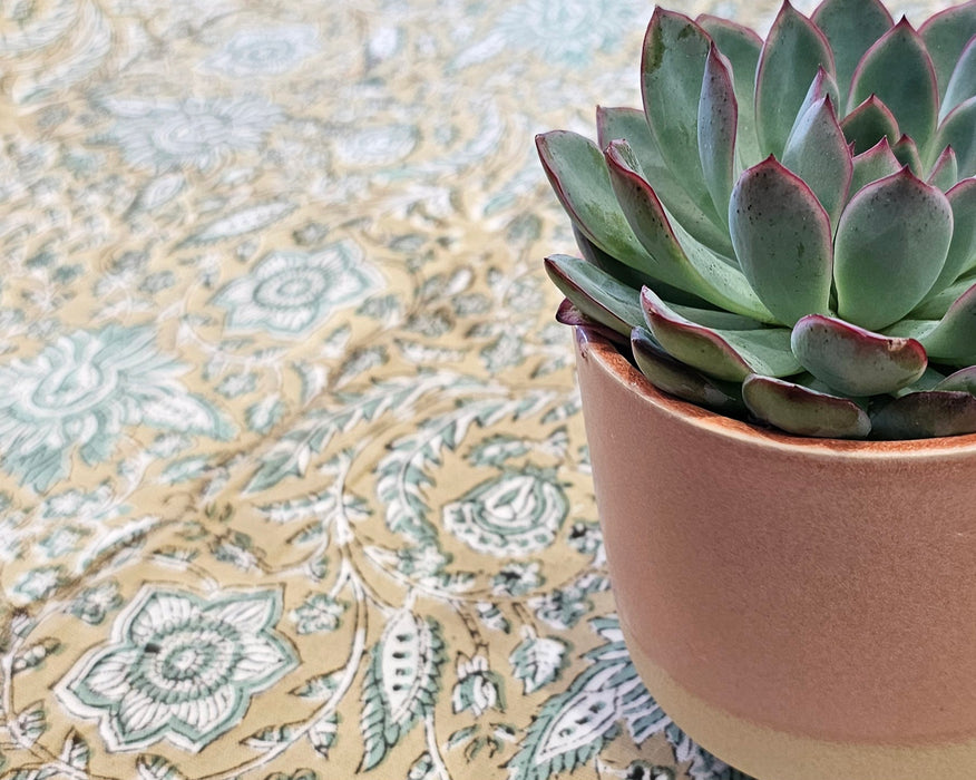 Teal and Jasmine Block Print Tablecloth 130 x 180 cm