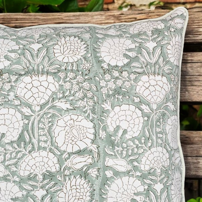 Block Print Cushion Cover - Iguana Green Floral Design