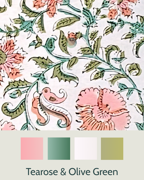 Tea Rose and Olive Green Block Print Tablecloth 130 x 180 cm