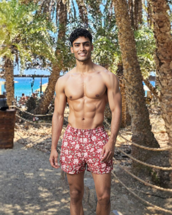 Block Print Cotton Boxer Shorts Cardinal Pink