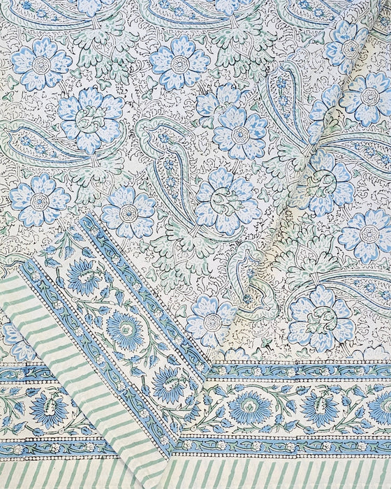 Opal & Cornflower Blue Block Print Tablecloth 130 x 180 cm
