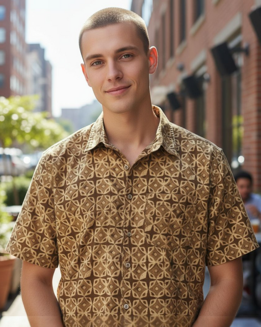 Dabu Print Short Sleeve Shirt - Café Linen Design