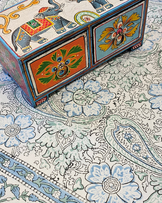 Opal & Cornflower Blue Block Print Tablecloth 130 x 180 cm