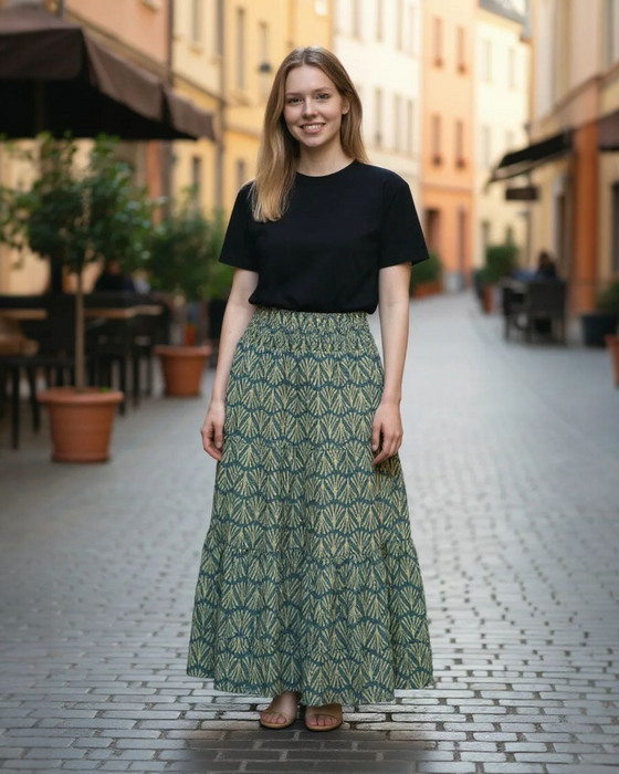 Dabu Print Cotton Skirt - Teal Fan Design