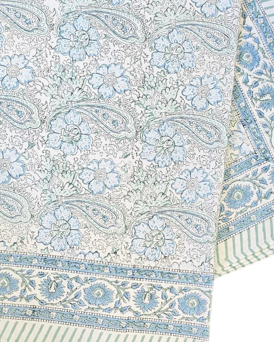 Opal & Cornflower Blue Block Print Tablecloth 130 x 180 cm