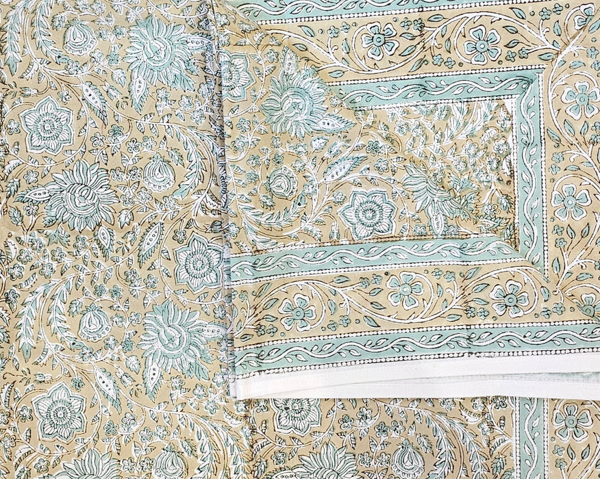 Teal and Jasmine Block Print Tablecloth 130 x 180 cm