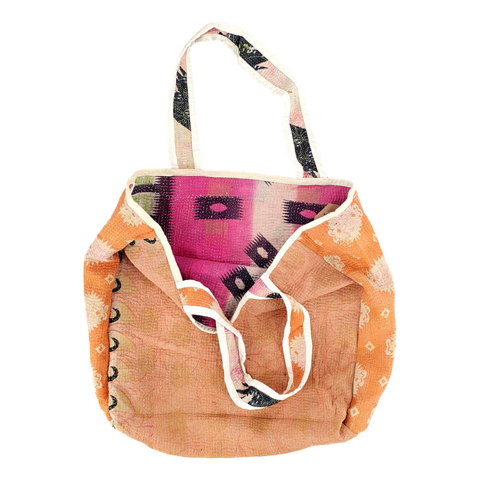 Reversible Tote Bag Made from a Vintage Hand Stitched Cotton Kantha Blanket
