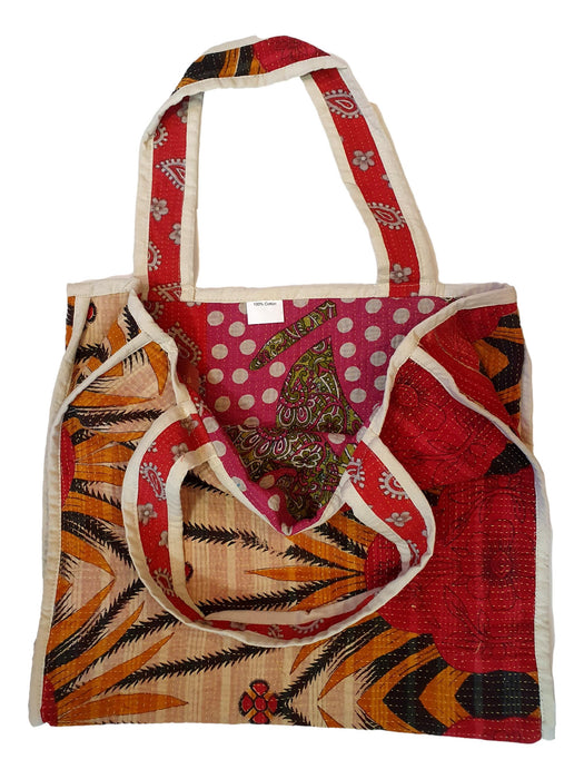 Reversible Tote Bag Made from a Vintage Hand Stitched Cotton Kantha Blanket
