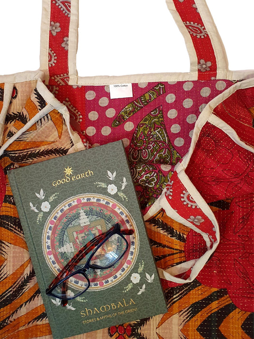 Reversible Tote Bag Made from a Vintage Hand Stitched Cotton Kantha Blanket