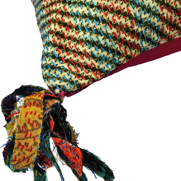 Silk Kantha Cushion Cover With Tassels