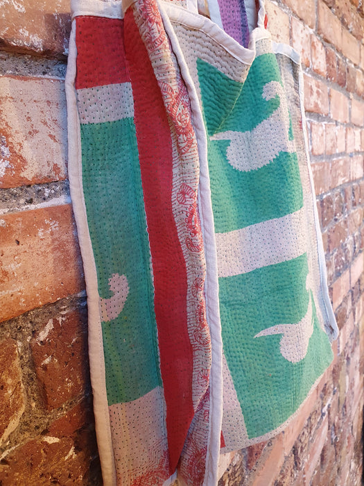 Reversible Tote Bag Made from a Vintage Hand Stitched Cotton Kantha Blanket