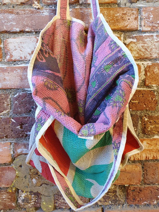 Reversible Tote Bag Made from a Vintage Hand Stitched Cotton Kantha Blanket