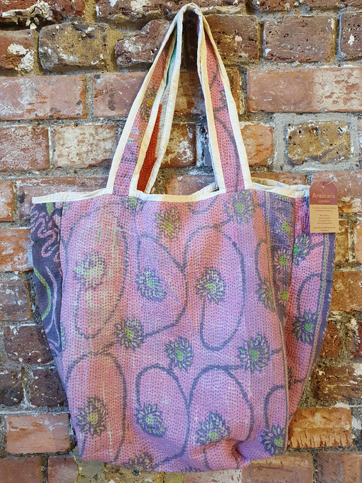 Reversible Tote Bag Made from a Vintage Hand Stitched Cotton Kantha Blanket