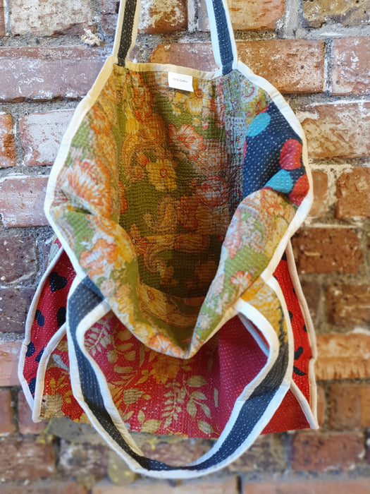 Reversible Tote Bag Made from a Vintage Hand Stitched Cotton Kantha Blanket