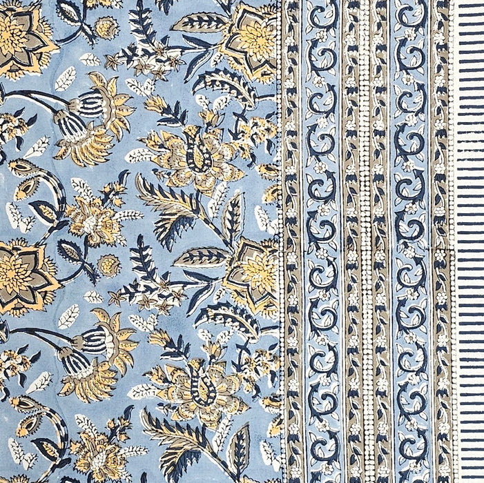 Block Print Cotton Tablecloth - Blue, Brown and Yellow