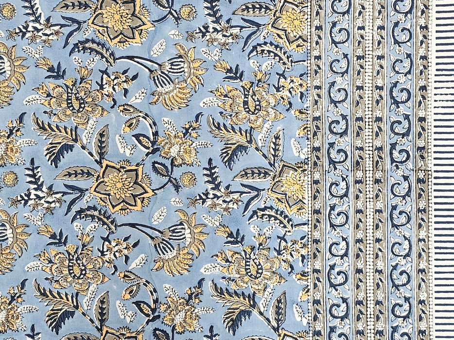 Block Print Cotton Tablecloth - Blue, Brown and Yellow