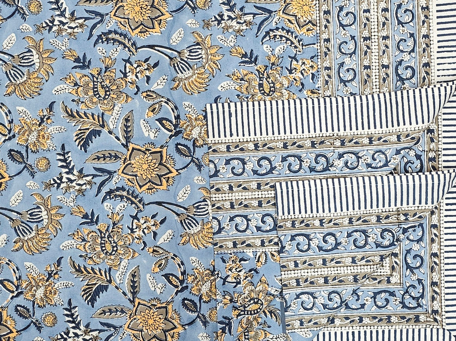 Block Print Cotton Tablecloth - Blue, Brown and Yellow