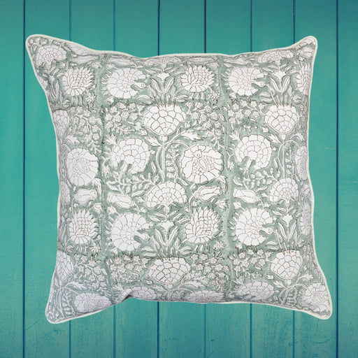 Block Print Cushion Cover - Iguana Green Floral Design