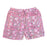 A pair of pyjama shorts with an elasticated waist and drawer string with a vibrant pink-and-white floral block print, laid flat against a white background.