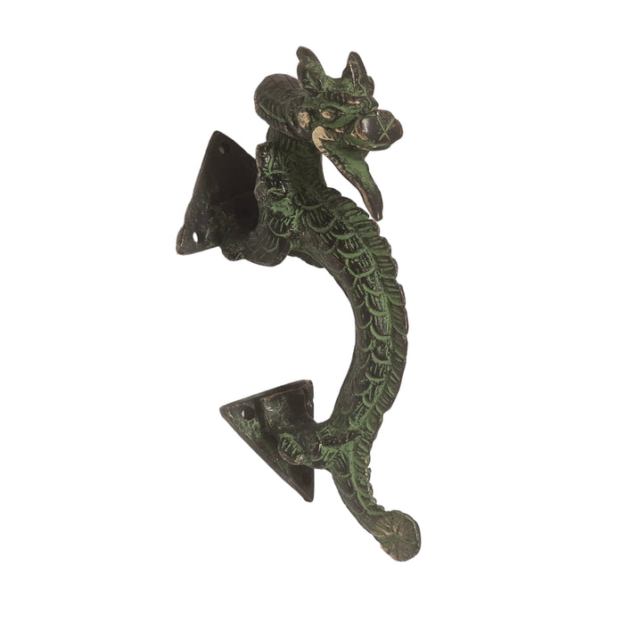 Arched Dragon Green Patina Brass Handle on a white background