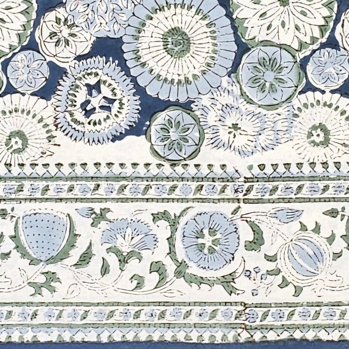 Hand Block Printed tablecloth with intricate floral patterns on a blue background