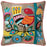 Decorative pillow with colorful bird and floral pattern on a beige background