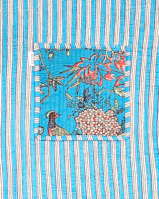 Blue Bird Quilted Cotton Tote Bag with Inside stripey lining and pocket