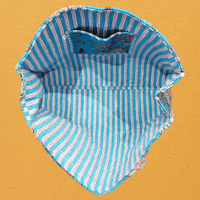 Inside picture of the Blue Exotic Birds Quilted Cotton Tote Bag showing the stripey lining