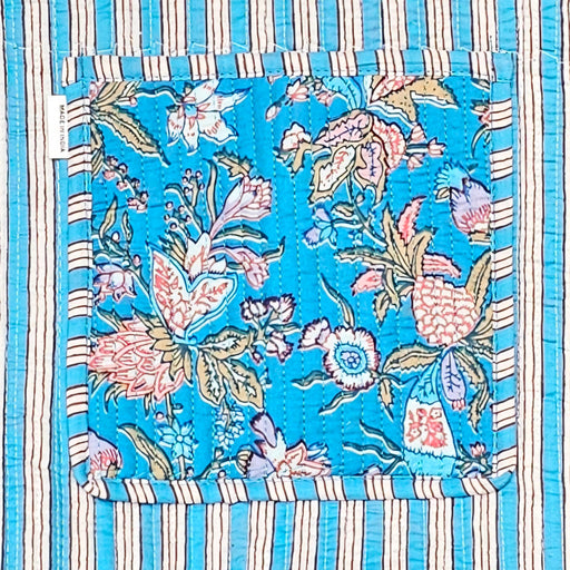 Blue Floral Quilted Cotton Tote Bag with Stripy Internal Lining and Inside Pocket