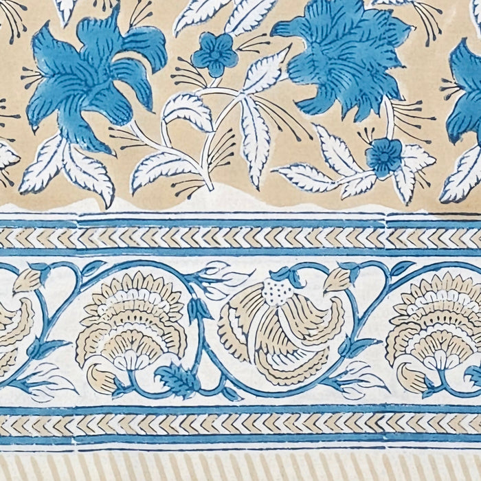 Close up picture of the Blue Lily Hand Block Print Tablecloth border