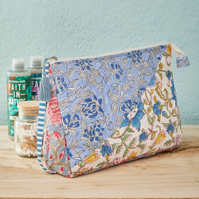 Blue Patchwork Blockprint Large Wash Bag