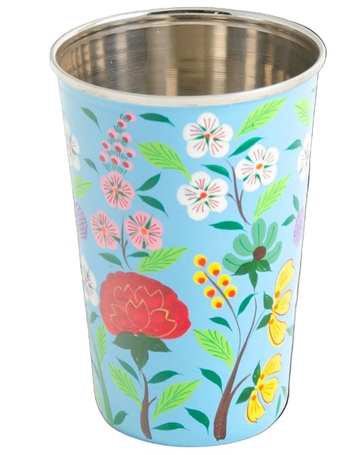 Floral-patterned tubler with a blue background