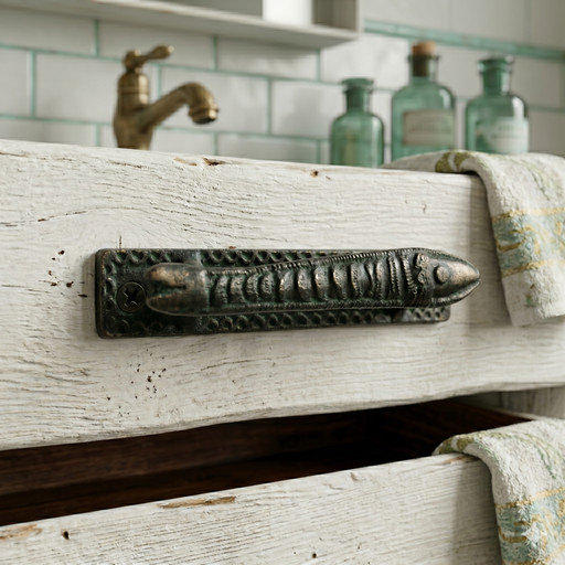 Antiqued brass fish handle witha green patina shown on a distressed wooden bathroom cabinet