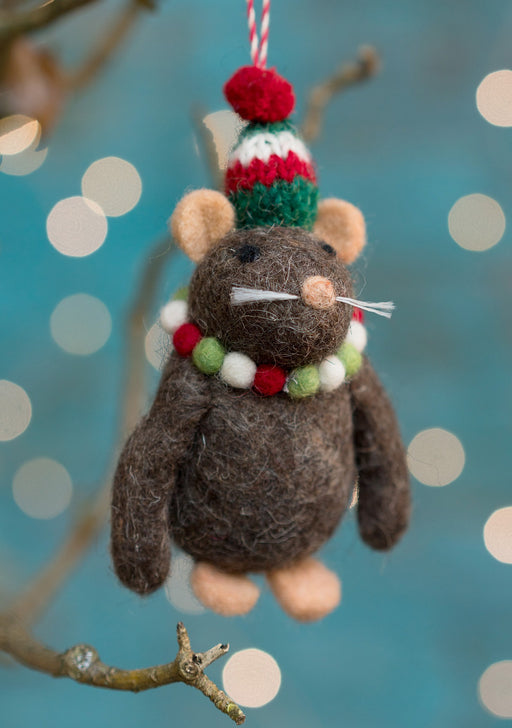 Brown Felt Mouse In Christmas Hat