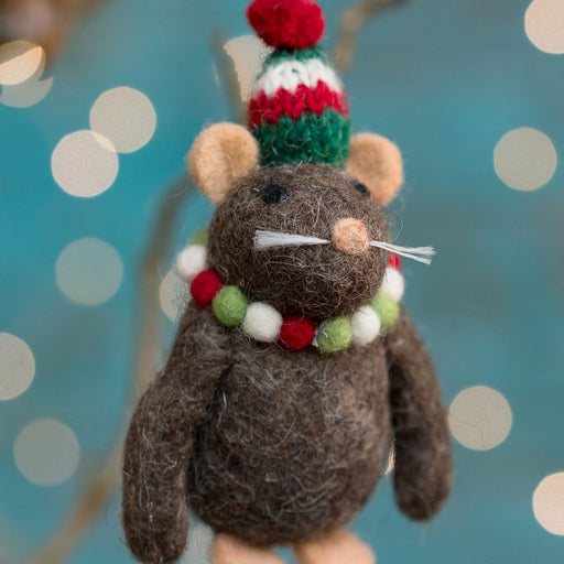 Brown Felt Mouse In Christmas Hat