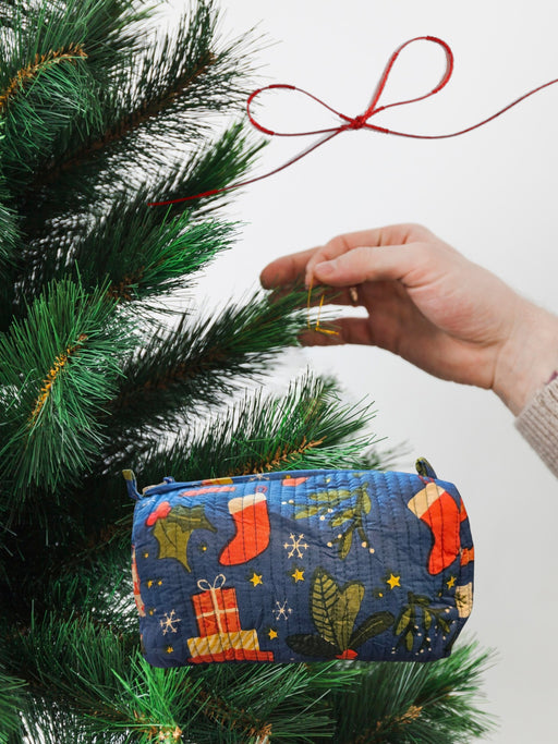 Block Print Wash Bag Blue Christmas Design