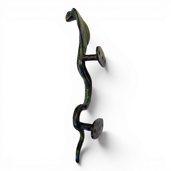 Side view of a Cobra Design Green Patina Brass Handle on a white background
