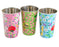 Three stainless steel tumblers with floral and nature-themed designs