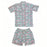 A two-piece short-sleeve pyjama set featuring a matching button-up shirt and shorts in a green floral print with pink and white flowers, accented by thin red piping.