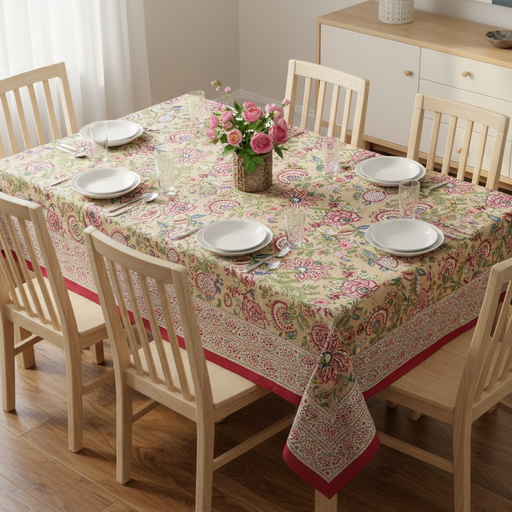 Dining table set with a floral tablecloth, plates, and chairs in a room.