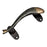 A brass handle in the shape of a green curved fish, with a green patina set against a white background.