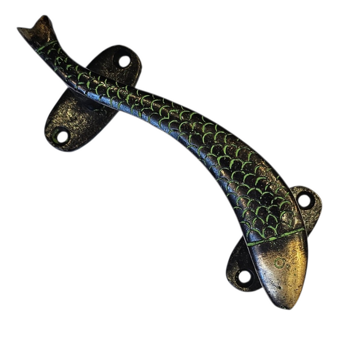 Decorative metal fish-shaped brass handle with green and gold patterns on a white background