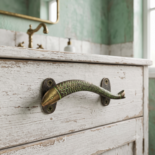 A fish-shaped metal drawer pull handle with a textured scale pattern in an antique brass finish, mounted on a distressed white wooden bathroom cabinet.